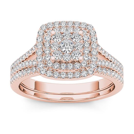 Womens 1/2 CT. T.W. Natural White Diamond 10K Gold Cushion Side Stone Halo Bridal Set