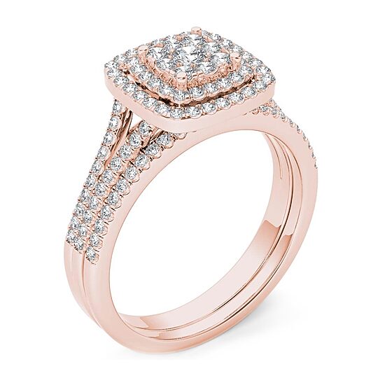 Womens 1/2 CT. T.W. Natural White Diamond 10K Gold Cushion Side Stone Halo Bridal Set
