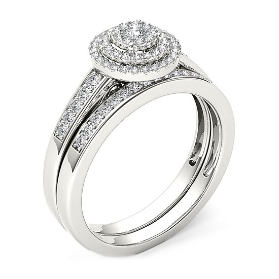 Womens 1/3 CT. T.W. Natural White Diamond 10K Gold Round Side Stone Halo Bridal Set