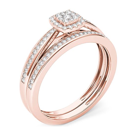 Womens 1/4 CT. T.W. Natural White Diamond 10K Gold Cushion Side Stone Halo Bridal Set
