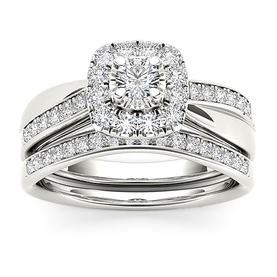 Womens 5/8 CT. T.W. Natural White Diamond 10K Gold Cushion Side Stone Halo Bridal Set