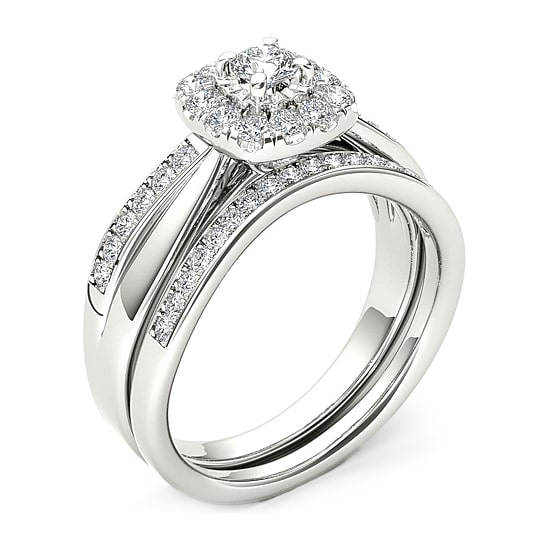 Womens 5/8 CT. T.W. Natural White Diamond 10K Gold Cushion Side Stone Halo Bridal Set