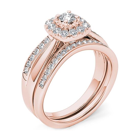Womens 5/8 CT. T.W. Natural White Diamond 10K Gold Cushion Halo Bridal Set