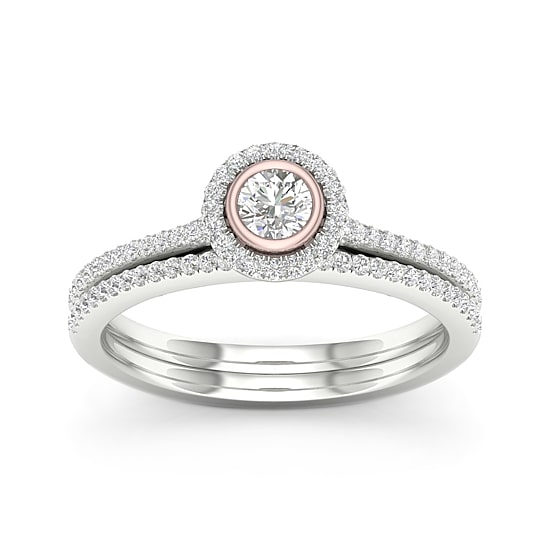 Womens 3/8 CT. T.W. Natural White Diamond 10K Two Tone Gold Round Side Stone Halo Bridal Set