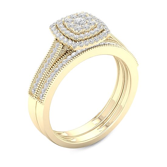 Womens 1/3 CT. T.W. Natural White Diamond 10K Gold Cushion Halo Bridal Set