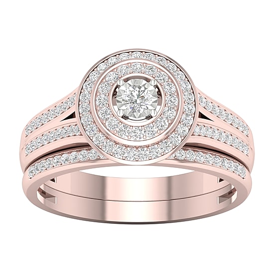 Womens 1/3 CT. T.W. Natural White Diamond 10K Gold Round Side Stone Halo Bridal Set