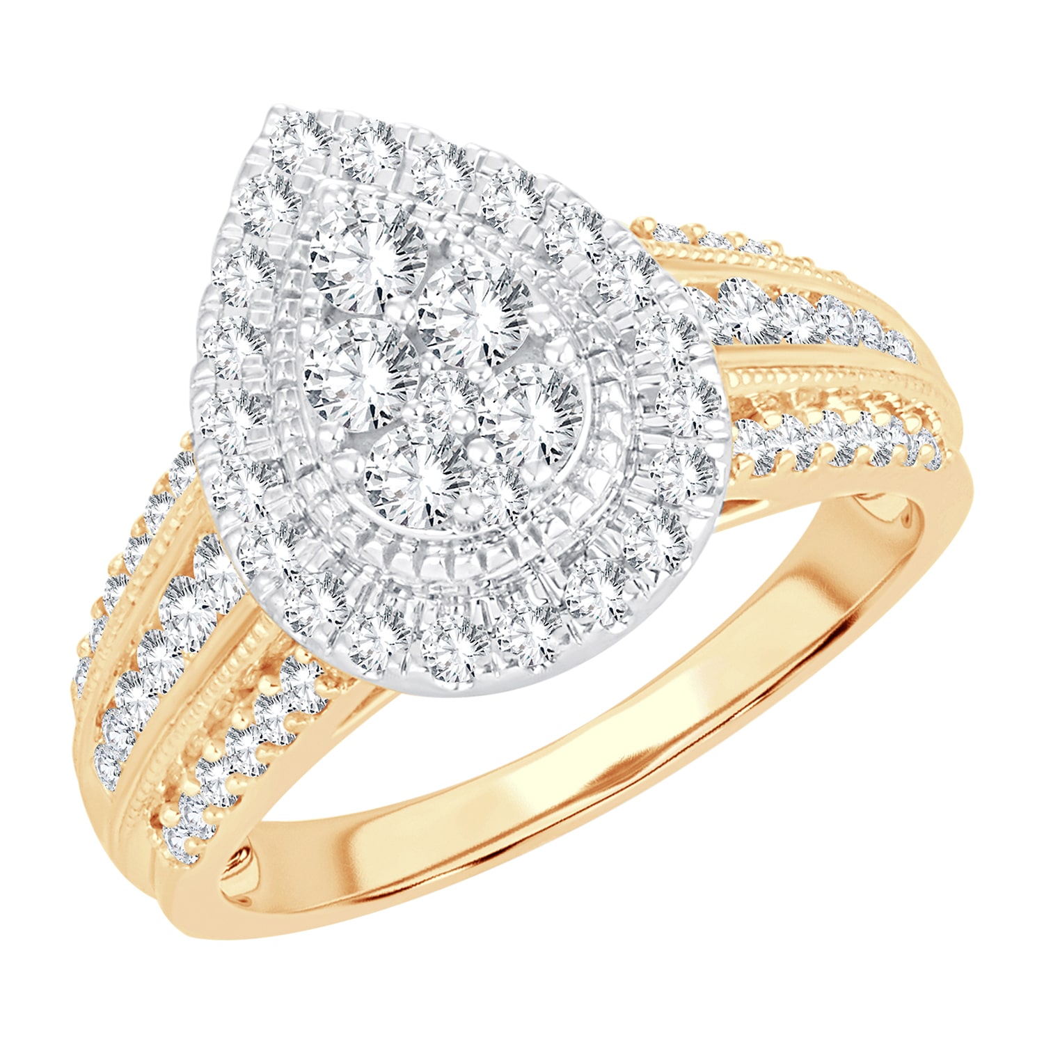 Womens 1 CT.T.W. Natural Diamond 10K or 14K Gold Pear Side Stone Halo Engagement Ring