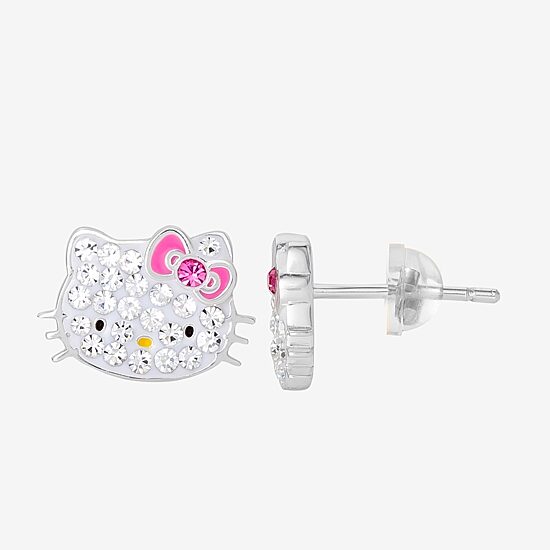 Girls White Crystal Sterling Silver 8.1mm Hello Kitty Hoop Earrings