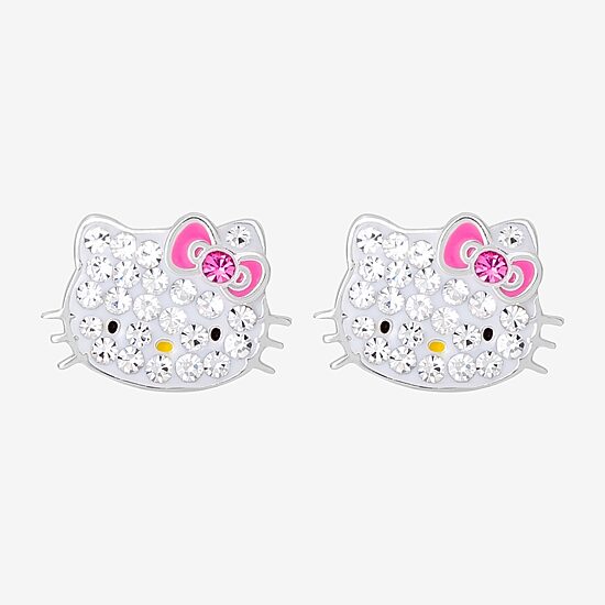 Girls White Crystal Sterling Silver 8.1mm Hello Kitty Hoop Earrings