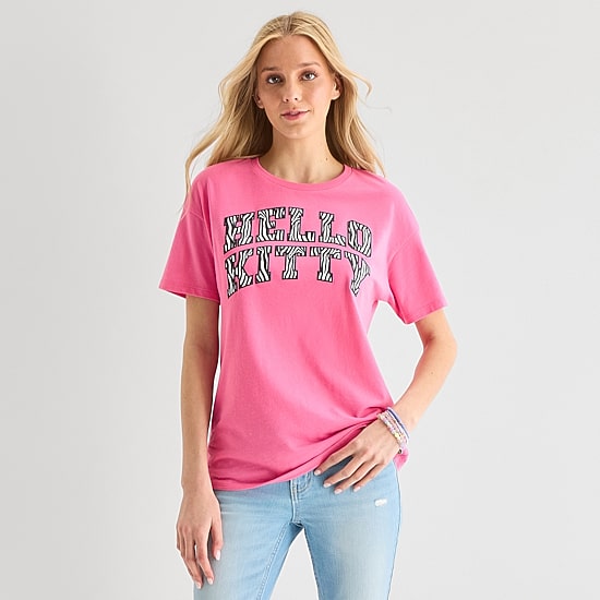 Hello Kitty Zebra Boyfriend Tee Womens Juniors Crew Neck Short Sleeve Loose Fit Hello Kitty Graphic T-Shirt