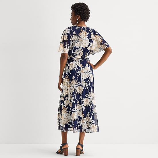 Studio 1 Womens V Neck Short Sleeve Flutter Maxi Dress