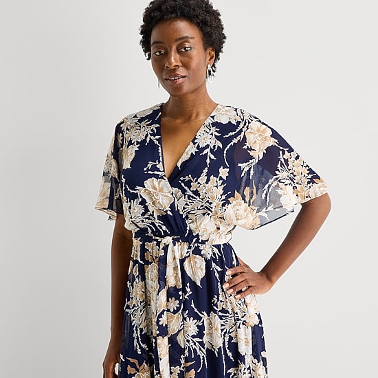 Studio 1 Womens V Neck Short Sleeve Flutter Maxi Dress