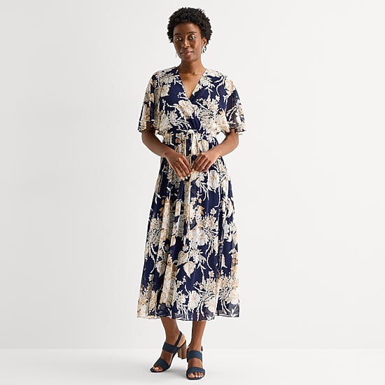 Studio 1 Womens V Neck Short Sleeve Flutter Maxi Dress