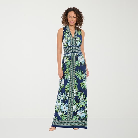 London Times Womens V Neck Sleeveless Maxi Dress