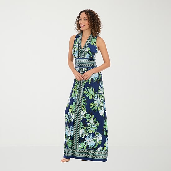 London Times Womens V Neck Sleeveless Maxi Dress