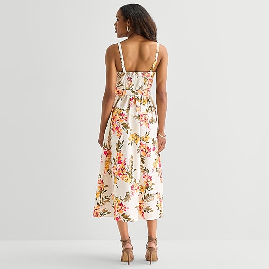 Robbie Bee Womens Midi Round Neck Sleeveless Floral Fit + Flare Dress