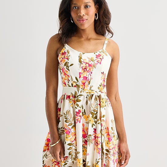 Robbie Bee Womens Midi Round Neck Sleeveless Floral Fit + Flare Dress