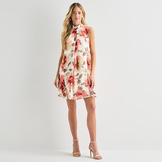 Robbie Bee Womens Mock Neck Sleeveless Floral Shift Dress