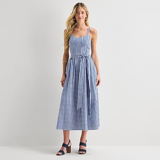Robbie Bee Womens Midi Round Neck Sleeveless Floral Fit + Flare Dress
