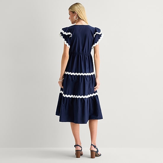 Robbie Bee Womens V Neck Short Sleeve Flutter Fit + Flare Dress