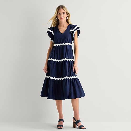 Robbie Bee Womens V Neck Short Sleeve Flutter Fit + Flare Dress