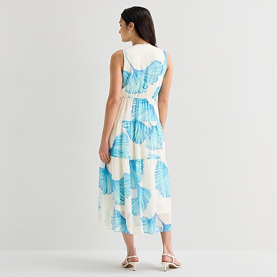 Robbie Bee Womens Midi V Neck Sleeveless Chiffon Floral Fit + Flare Dress