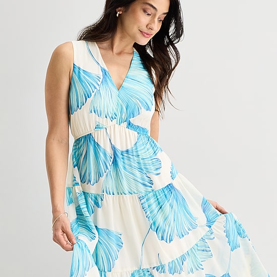 Robbie Bee Womens Midi V Neck Sleeveless Chiffon Floral Fit + Flare Dress