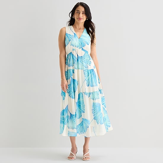 Robbie Bee Womens Midi V Neck Sleeveless Chiffon Floral Fit + Flare Dress