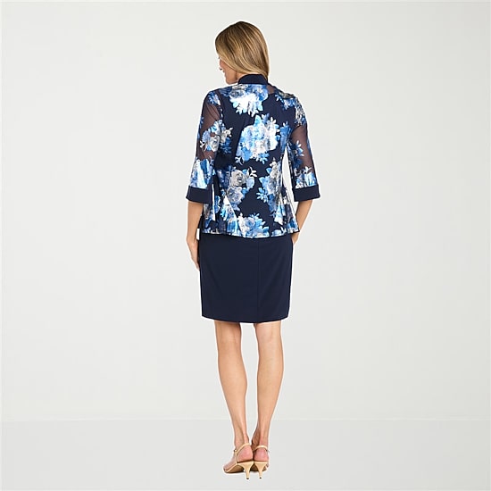 R & M Richards Womens 3/4 Sleeve Floral Jacket Dress With Removable Necklace