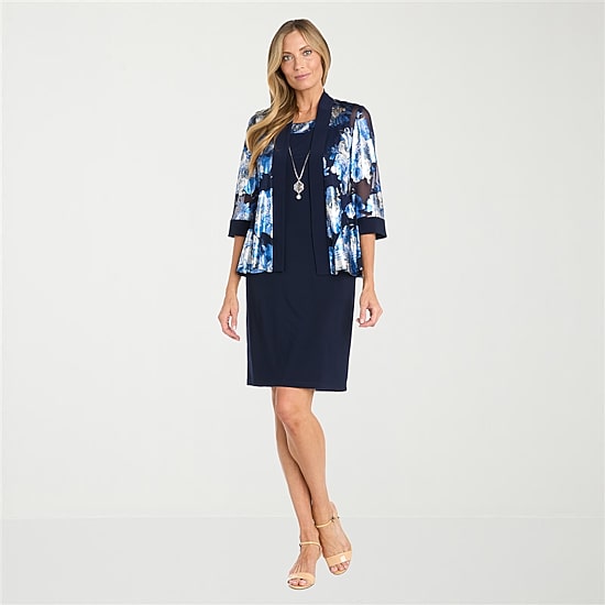 R & M Richards Womens 3/4 Sleeve Floral Jacket Dress With Removable Necklace