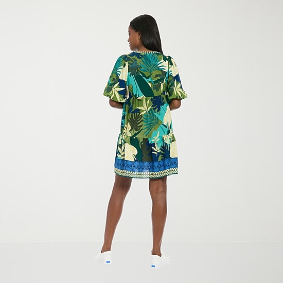 London Times Womens Notch Neck Short Sleeve Leaf Shift Dress