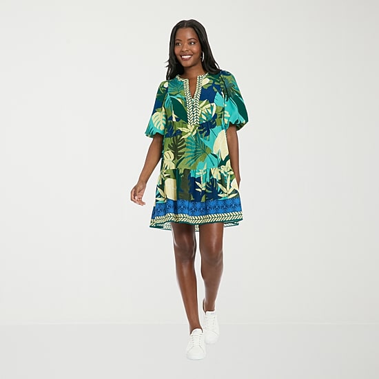 London Times Womens Notch Neck Short Sleeve Leaf Shift Dress
