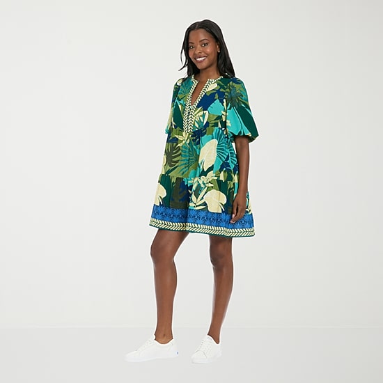 London Times Womens Notch Neck Short Sleeve Leaf Shift Dress