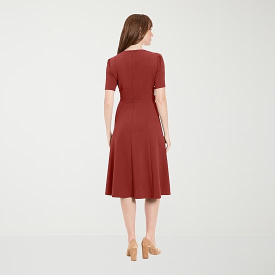 London Times Womens Midi Round Neck Short Sleeve Fitted Fit + Flare Dress