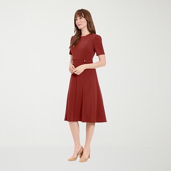 London Times Womens Midi Round Neck Short Sleeve Fitted Fit + Flare Dress