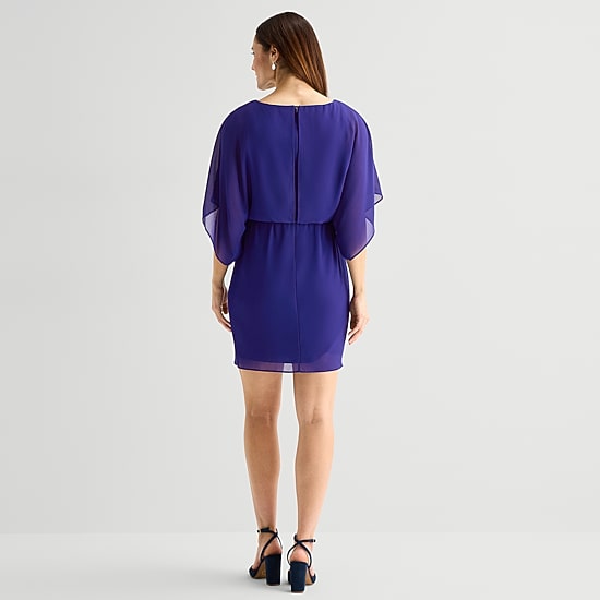 Jessica Howard Womens Petite Boat Neck 3/4 Sleeve Flutter Fit + Flare Dress