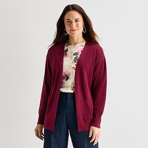Liz Claiborne Womens Boat Neck Long Sleeve Open Front Cardigan In Red