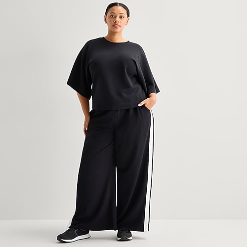 Stylus Womens Plus Wide Leg High Rise Track Pant In Black