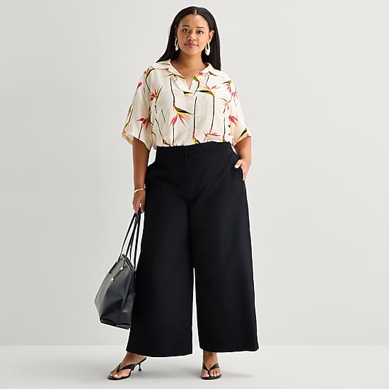Worthington Womens Plus Wide Leg High Rise Cropped Pant
