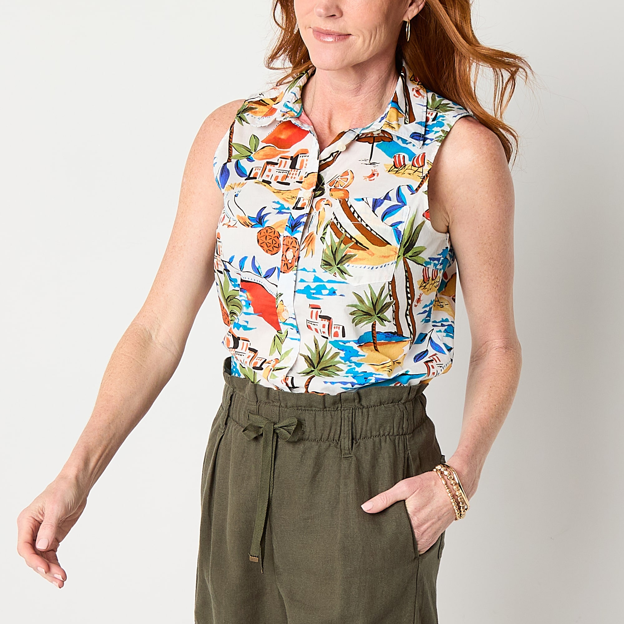 St. John's Bay Womens Sleeveless Regular Fit Button-Down Shirt