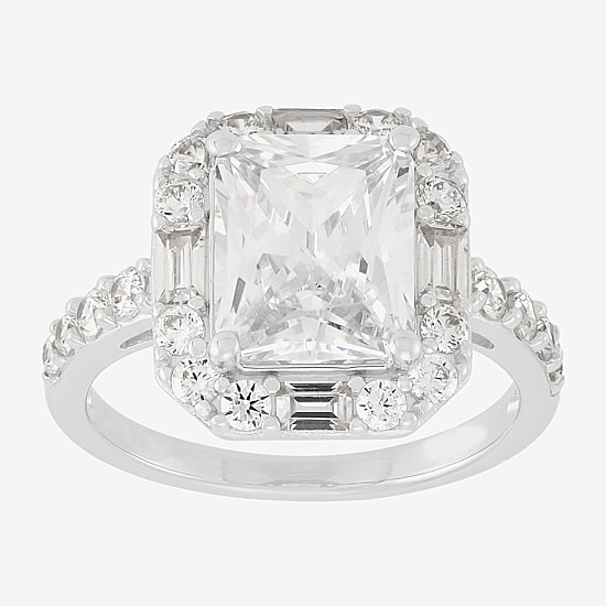 Diamonart Womens Cubic Zirconia Sterling Silver Side Stone Halo Engagement Ring
