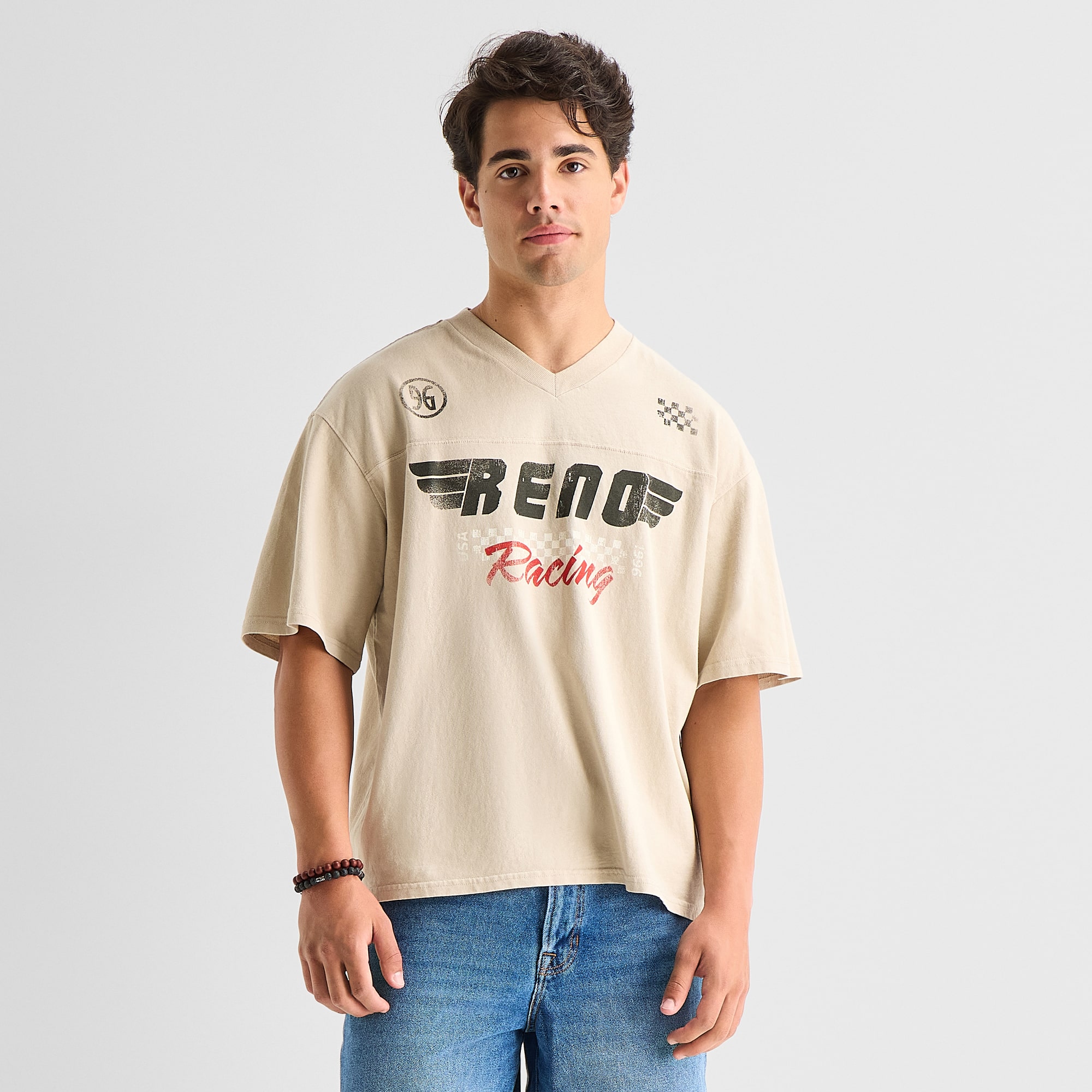 Arizona Mens V Neck Short Sleeve Boxy Fit Graphic T-Shirt