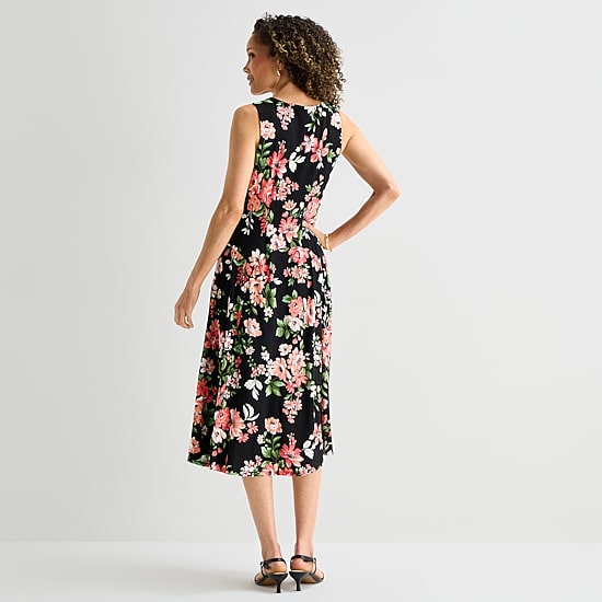 Robbie Bee Womens Petite Midi Cowl Neck Sleeveless Floral Fit + Flare Dress