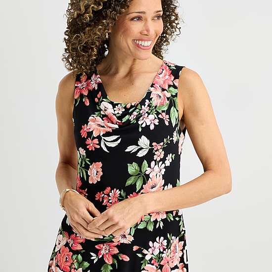 Robbie Bee Womens Petite Midi Cowl Neck Sleeveless Floral Fit + Flare Dress