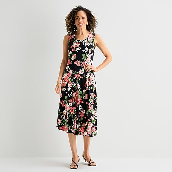 Robbie Bee Womens Petite Midi Cowl Neck Sleeveless Floral Fit + Flare Dress