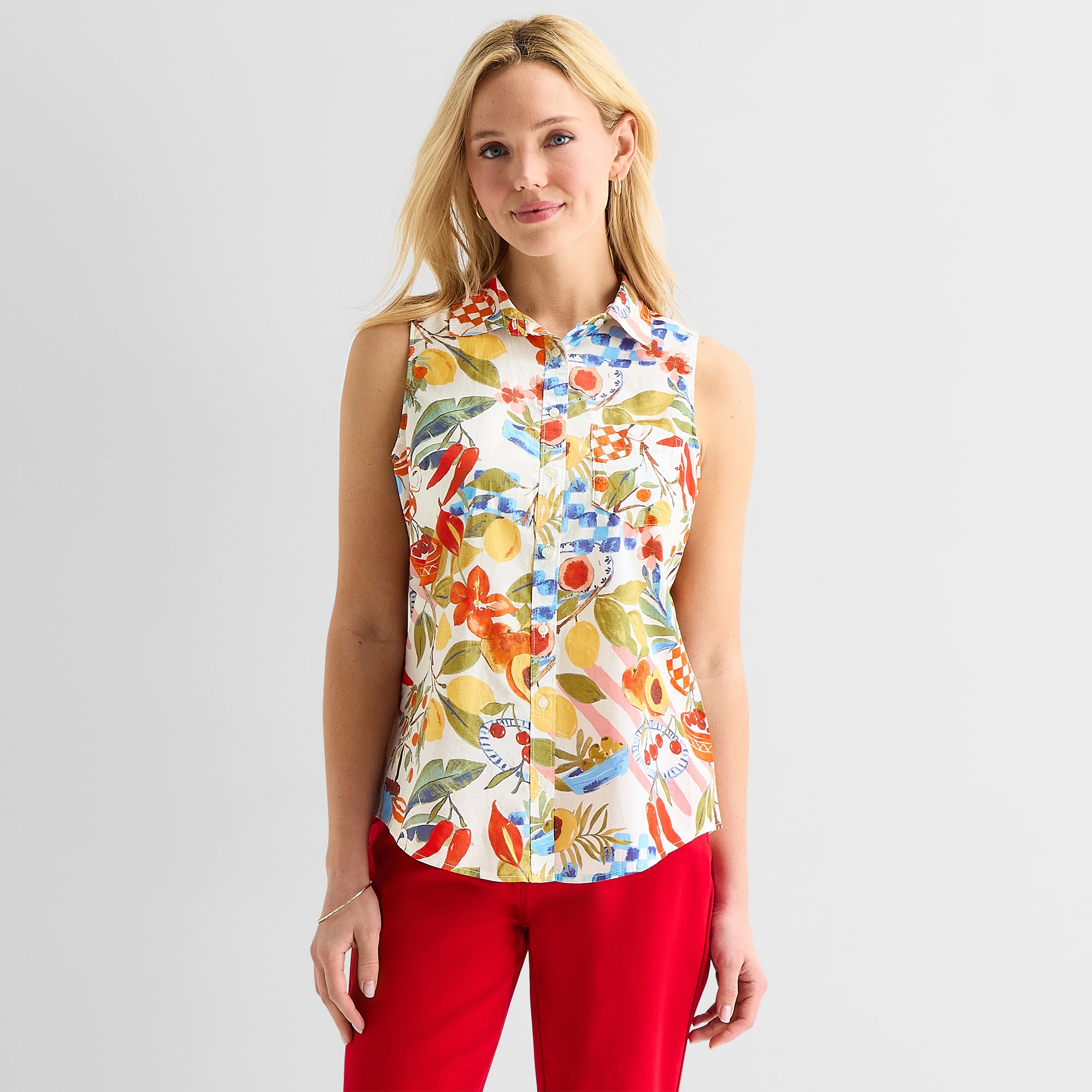 St. John's Bay Womens Tall Sleeveless Regular Fit Button-Down Shirt