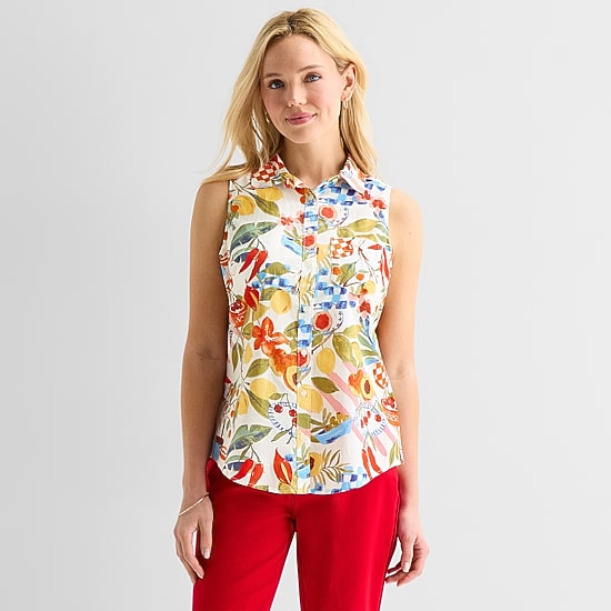 St. John's Bay Womens Tall Sleeveless Regular Fit Button-Down Shirt
