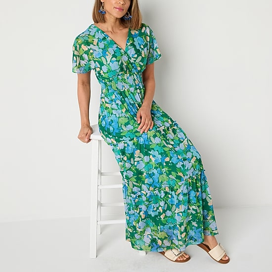 Rabbit Rabbit Rabbit Design Womens V Neck Short Sleeve Flutter Maxi Dress