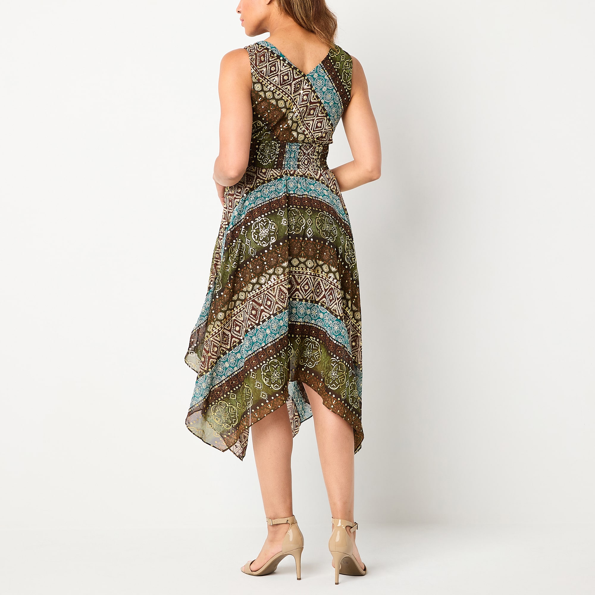 Rabbit Design Womens V Neck Sleeveless Abstract Fit + Flare Dress