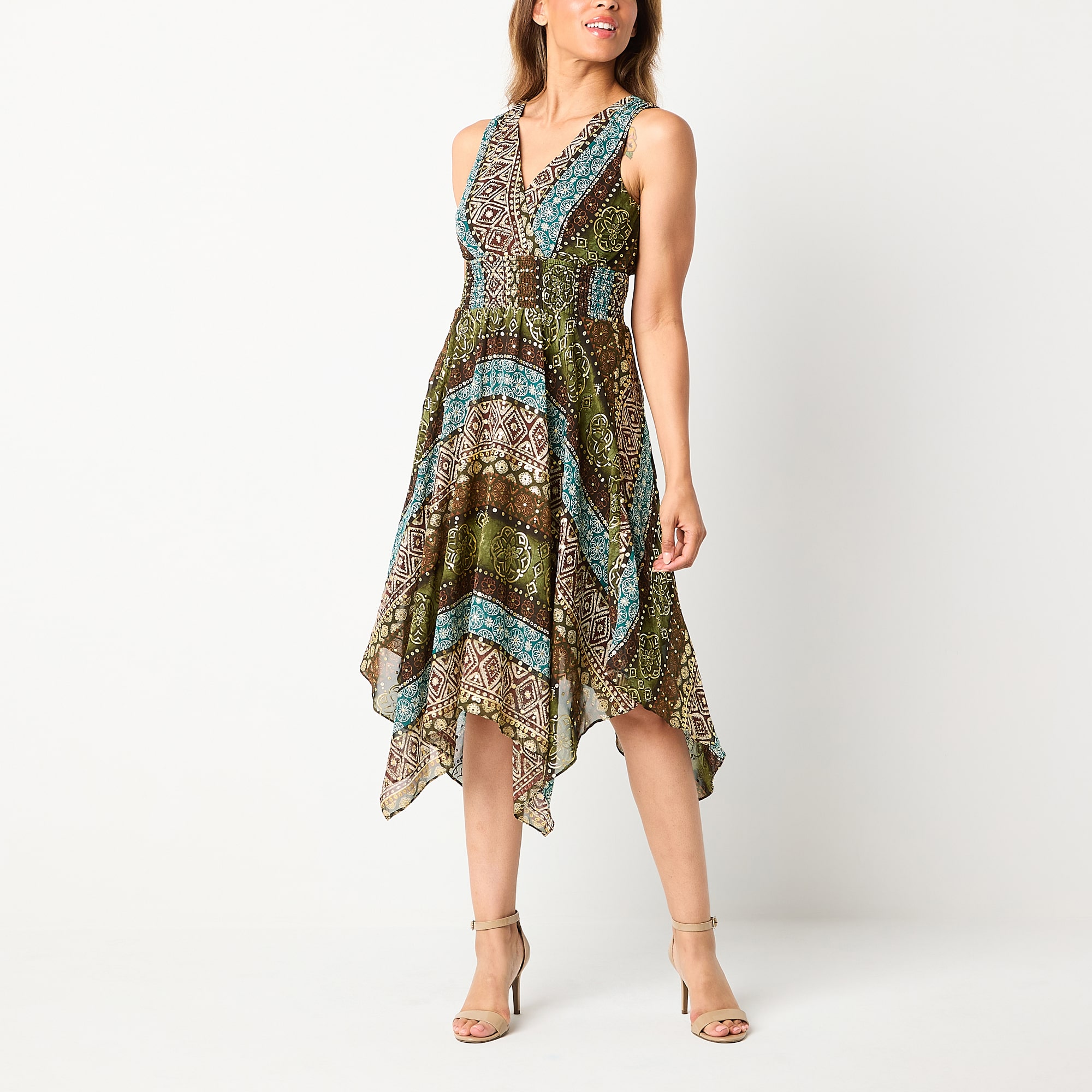 Rabbit Design Womens V Neck Sleeveless Abstract Fit + Flare Dress